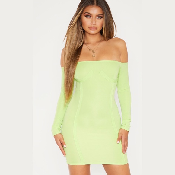 PrettyLittleThing Strapless Neon Green Mini Dress - Picture 1 of 3